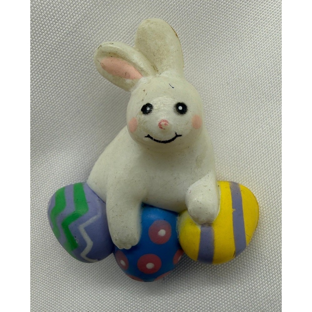 Vintage White Easter Bunny Rabbit Brooch Pin Colorful Eggs Spring Jewelry Gift